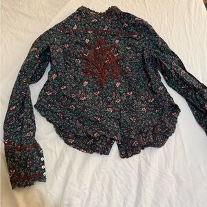 Free People Dark Floral Blouse with Embroidery